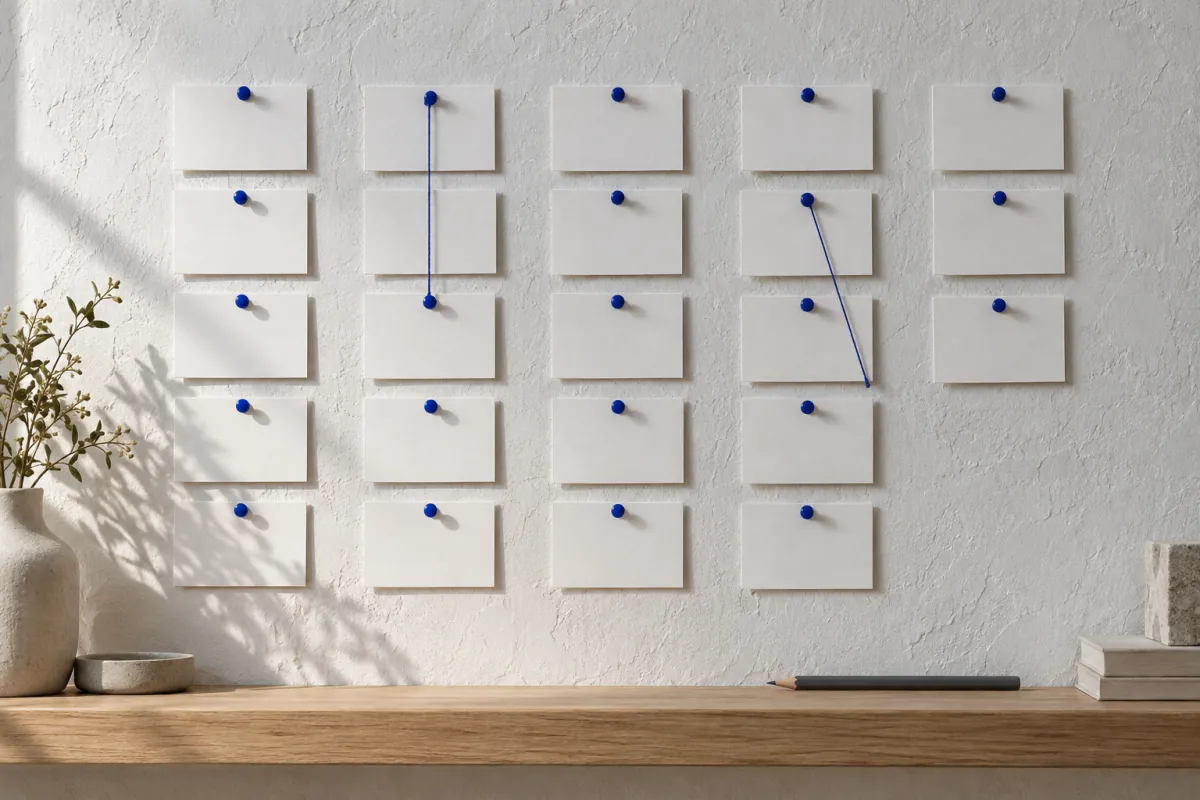 Five columns of blank index cards pinned to a plaster wall with cobalt pins